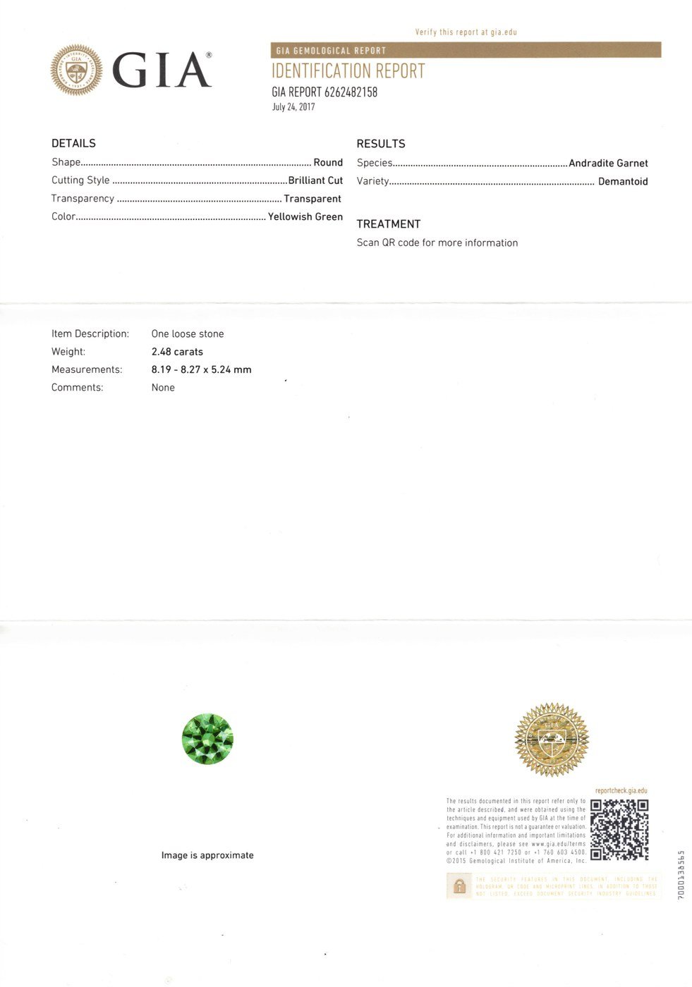GIA identification report 6262482158 for a 2.48 ct demantoid garnet