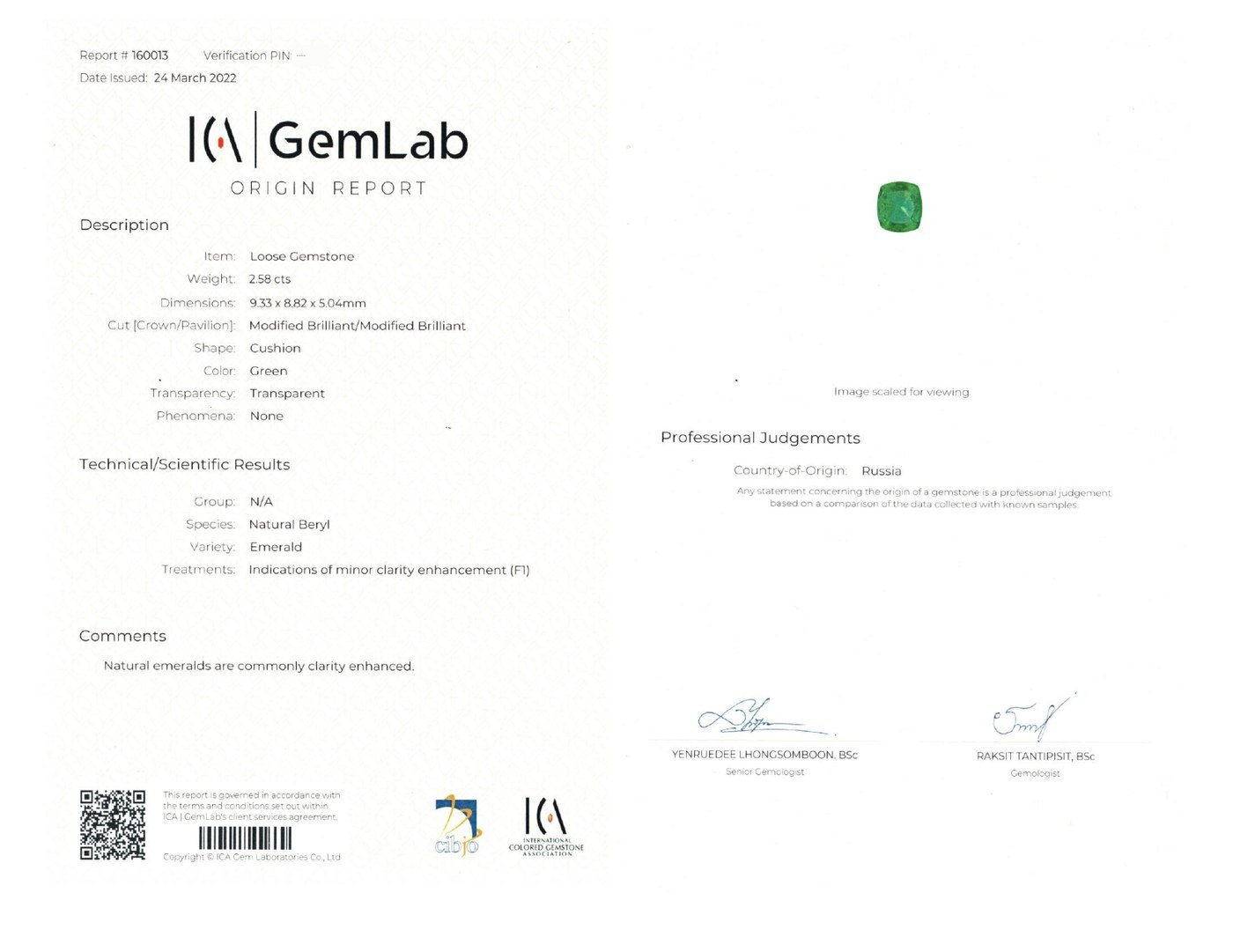 ICA GemLab origin report 160013 for a 2.58 ct Russian emerald